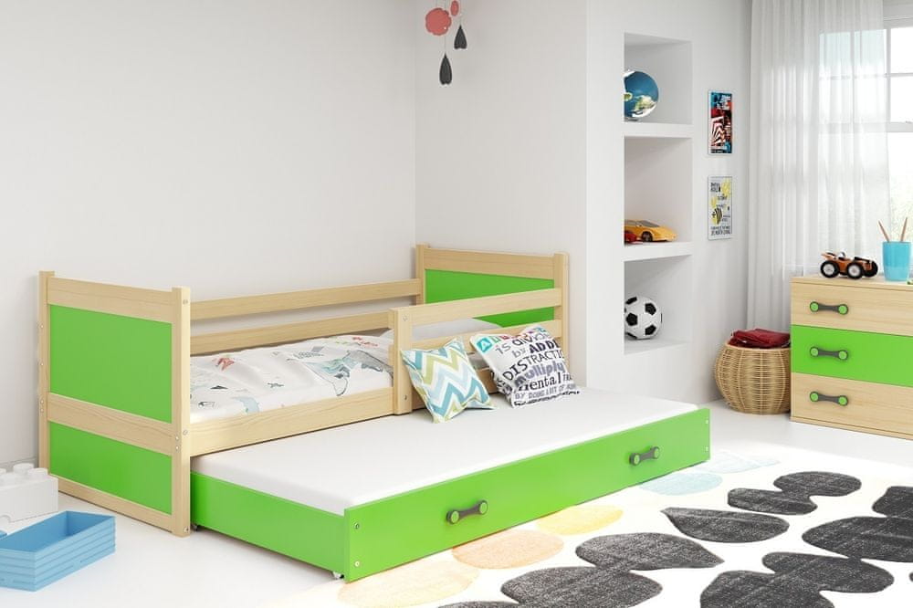 eoshop Detská posteľ Rico - 2 osoby, 90x200 s výsuvnou prístelkou - Borovica, Zelená